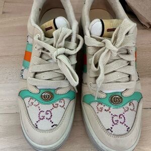 Gucci Beige and Teal Sneakers with Orange Accents